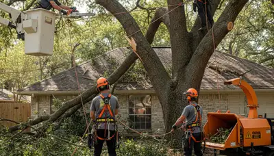 Emergency tree service crew removing a fallen tree in San Antonio, TX after storm damage