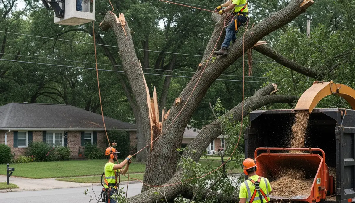 Emergency tree service crew clearing storm-damaged trees in San Antonio, TX