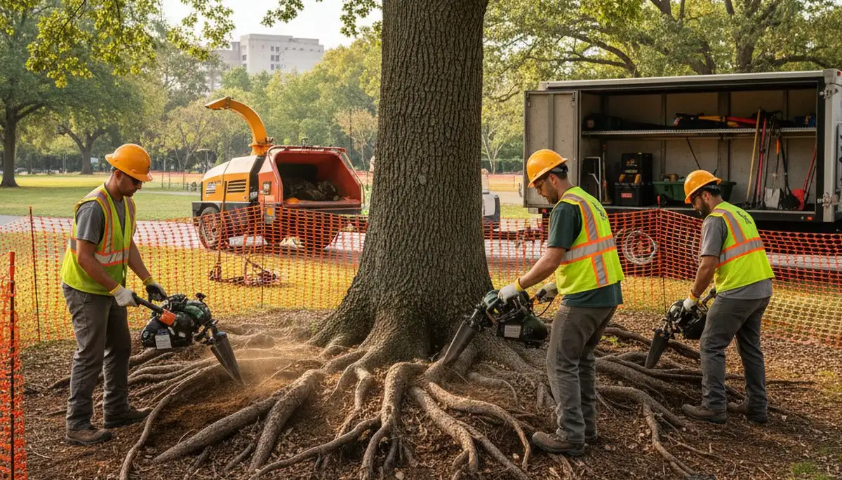Tree service crew protecting tree roots in San Antonio, TX