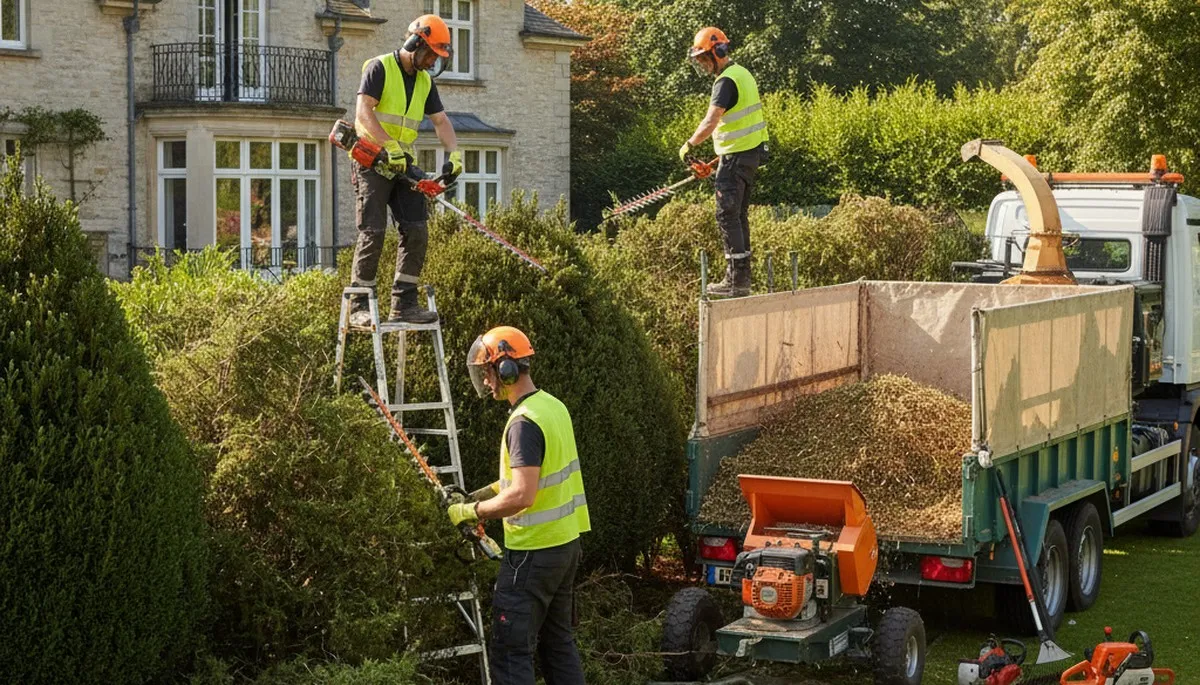 San Antonio tree service crew removing overgrown shrubs for a cleaner yard