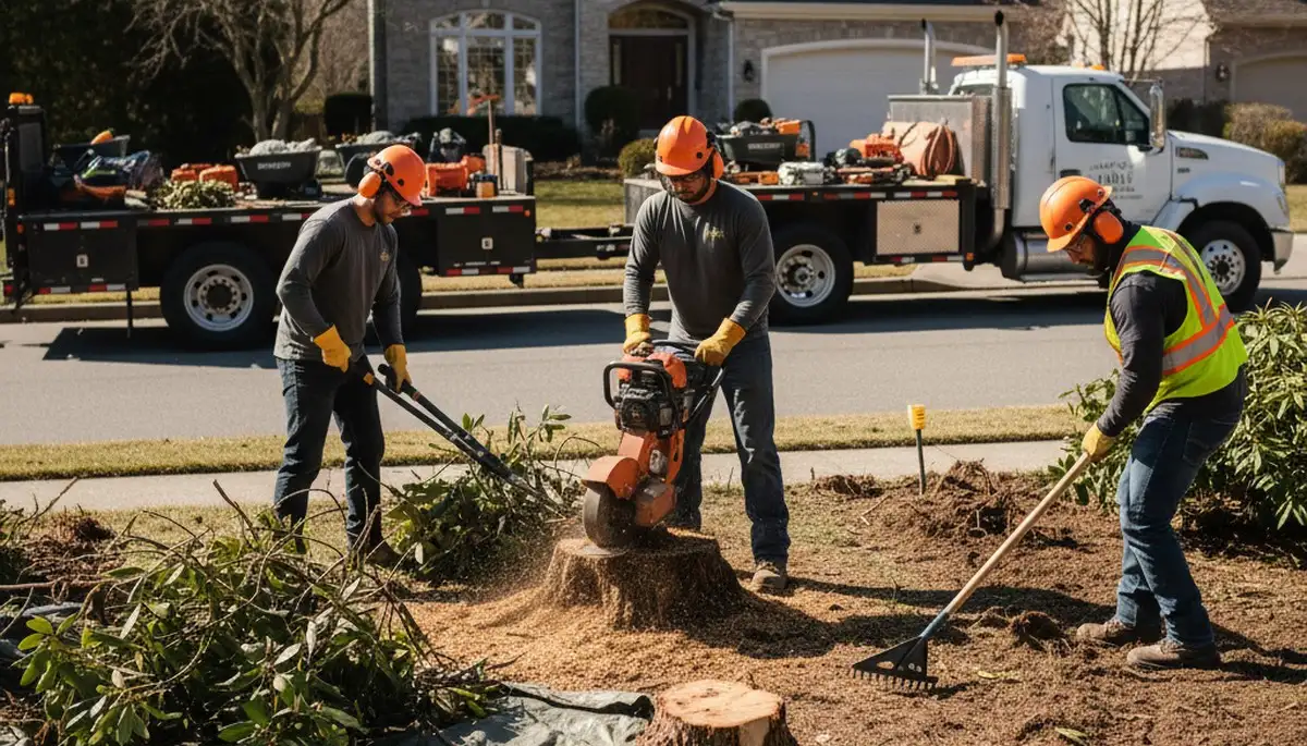 Tree service crew removing overgrown shrubs in San Antonio, TX yard