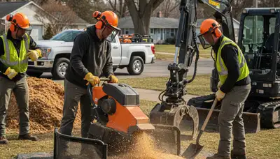 Stump removal crew clearing a tree stump in San Antonio, TX for a safe, clean yard
