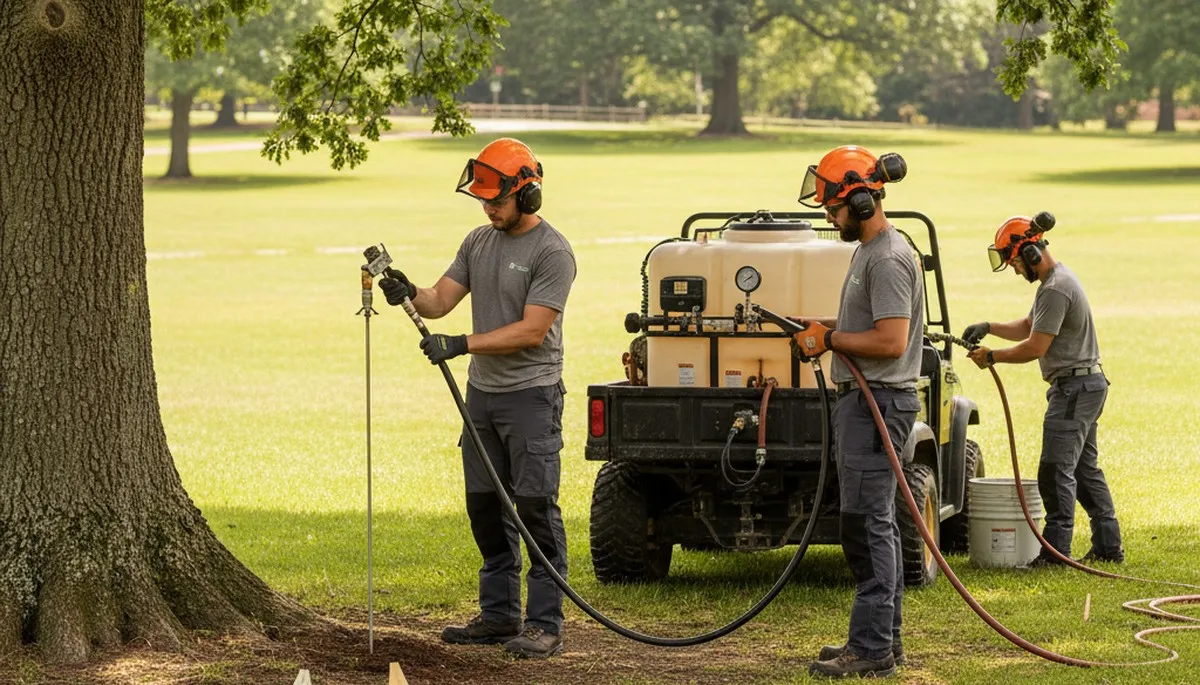 Tree care technician fertilizing a healthy tree in San Antonio, TX