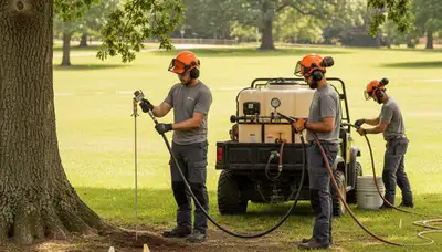 Tree care technician fertilizing a healthy tree in San Antonio, TX