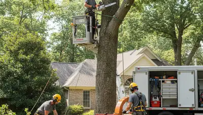 San Antonio, TX tree removal crew safely removing a hazardous tree on a residential property