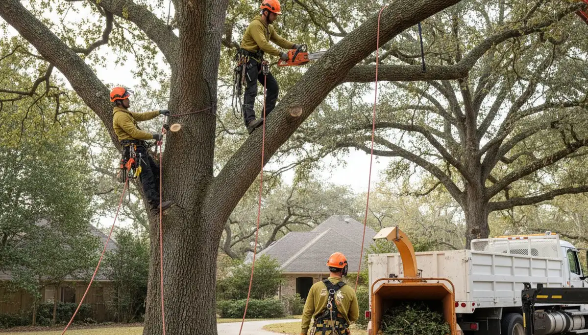 San Antonio tree removal crew safely removing a hazardous tree from a residential property