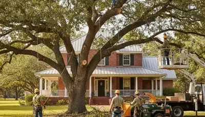 Tree service crew trimming trees in San Antonio, TX