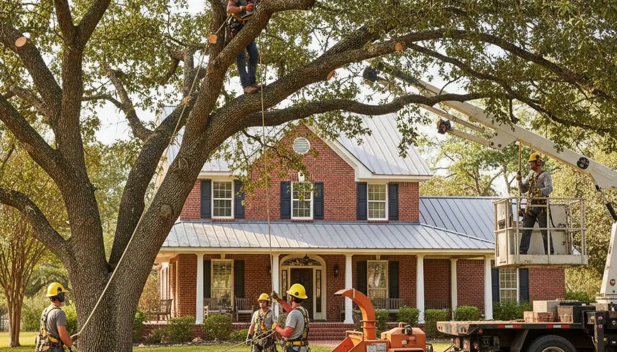 Tree service crew in San Antonio, TX trimming trees for safe, professional property care