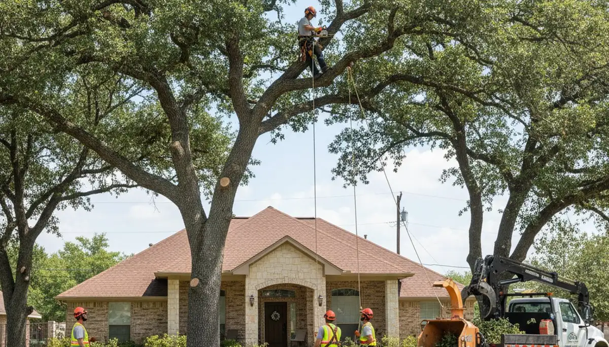 Tree service crew trimming trees in San Antonio, TX for safe, professional property care