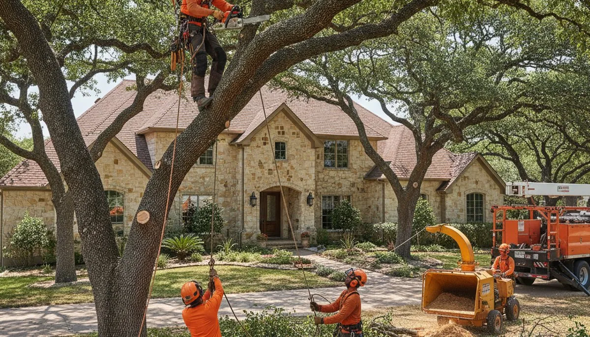 Professional tree service crew trimming trees in San Antonio, TX