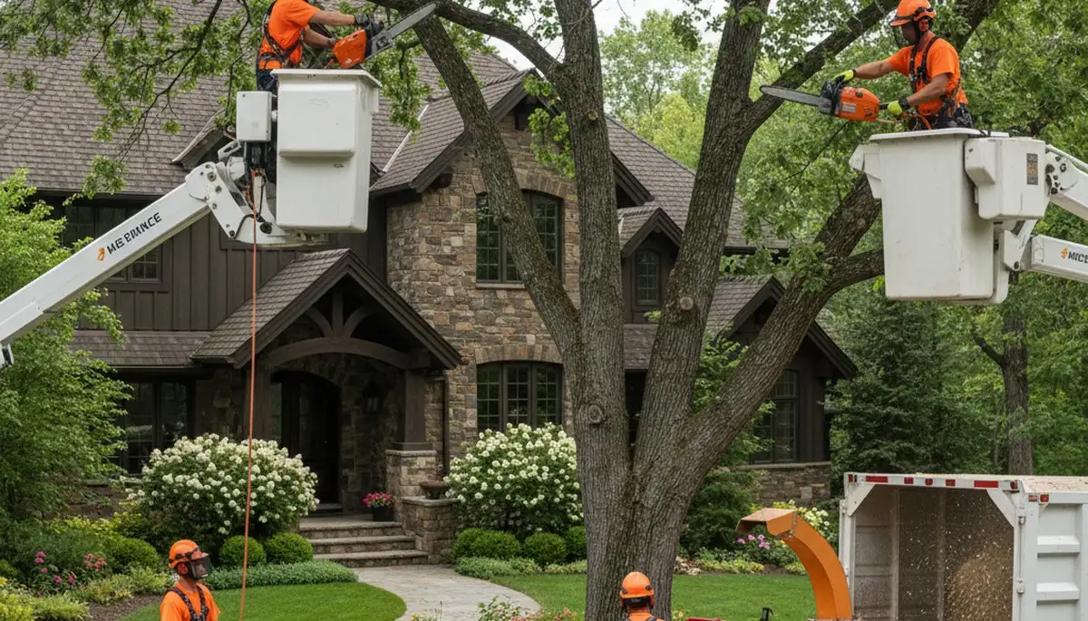 Professional tree service crew trimming trees in San Antonio, TX