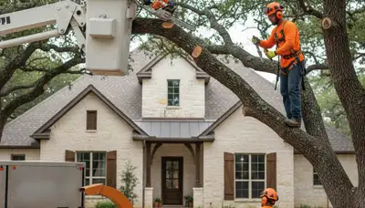 Tree service crew trimming trees in San Antonio, TX
