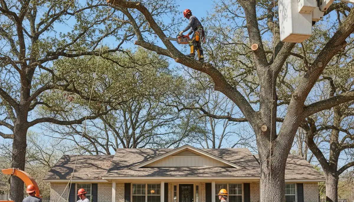 Tree service crew trimming trees in San Antonio, TX for safe, professional residential care