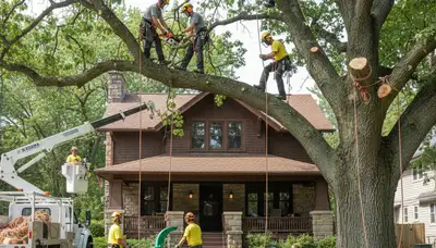 San Antonio, TX tree service crew trimming trees for residential property maintenance