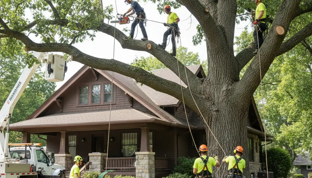 Tree service team in San Antonio, TX trimming trees for safe, professional property care