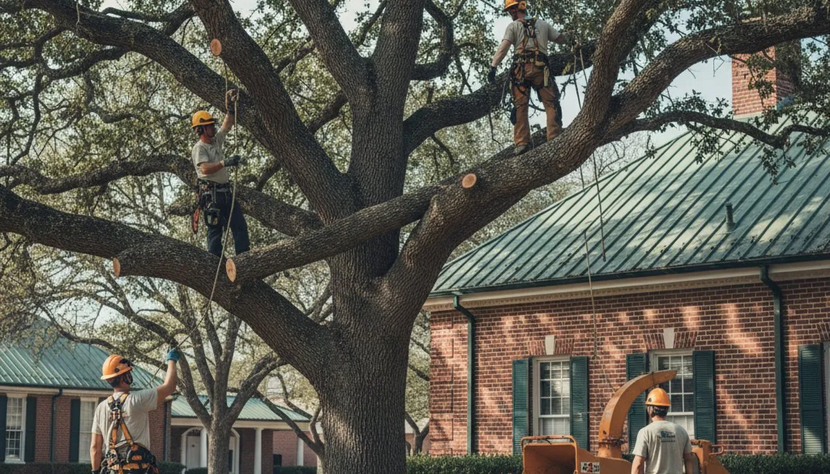 Tree service crew trimming trees in San Antonio, TX