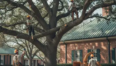 Tree service crew trimming trees in San Antonio, TX
