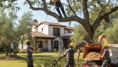 Tree service crew trimming trees in San Antonio, TX for safe, professional property care