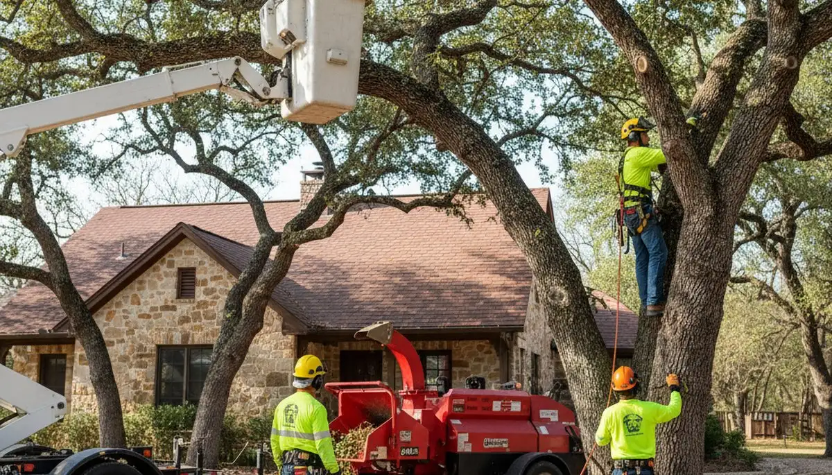 Tree service crew in San Antonio, TX trimming trees for safe, healthy landscapes