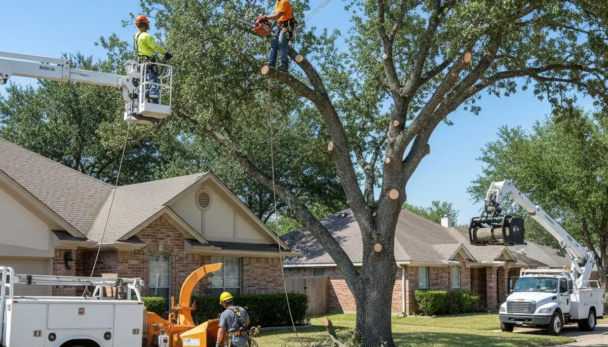 Tree service crew in San Antonio, TX trimming trees for residential property maintenance